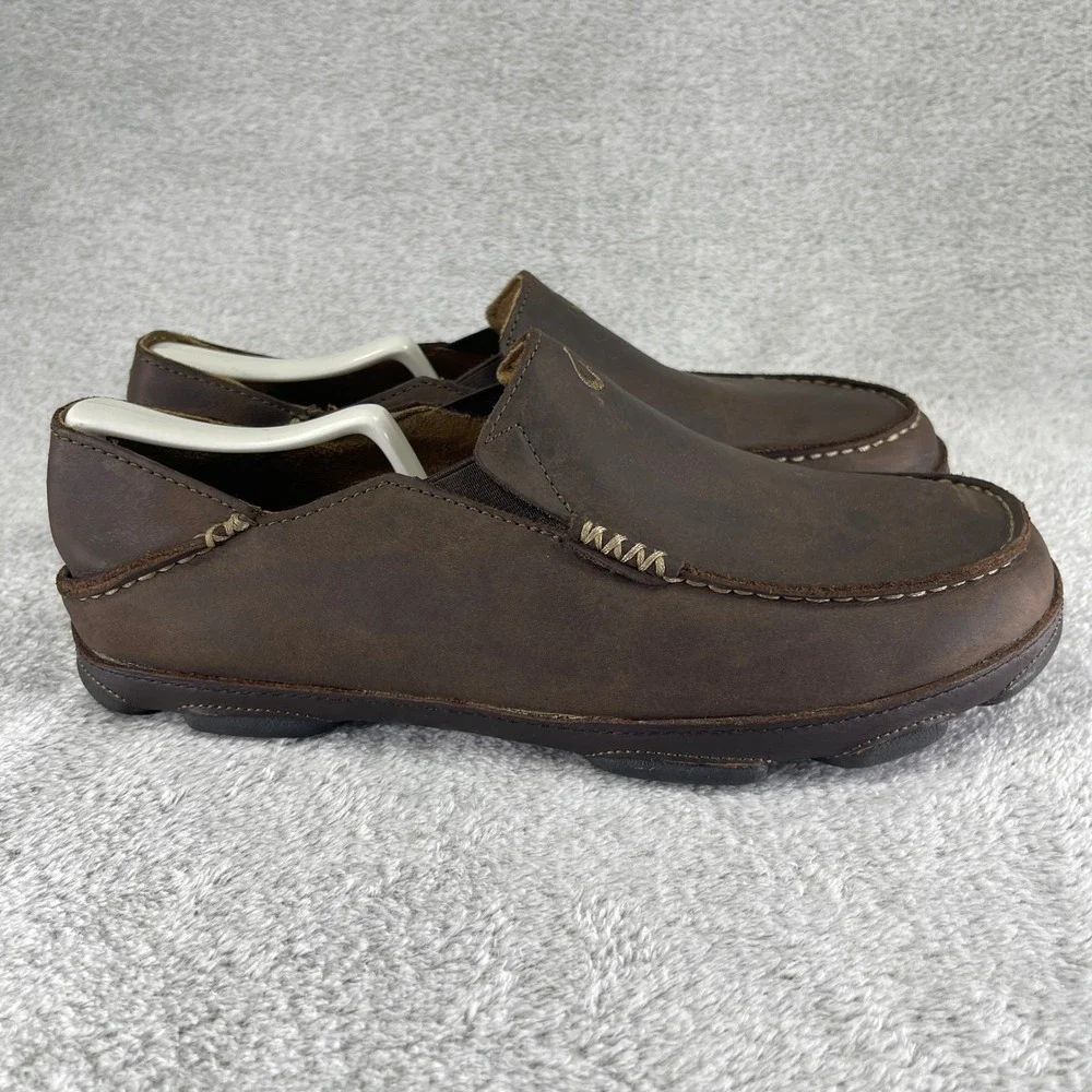 OluKai Moloa Slip On Shoes Men 9.5 Brown Leather Loafers Casual Drop-In Heel
